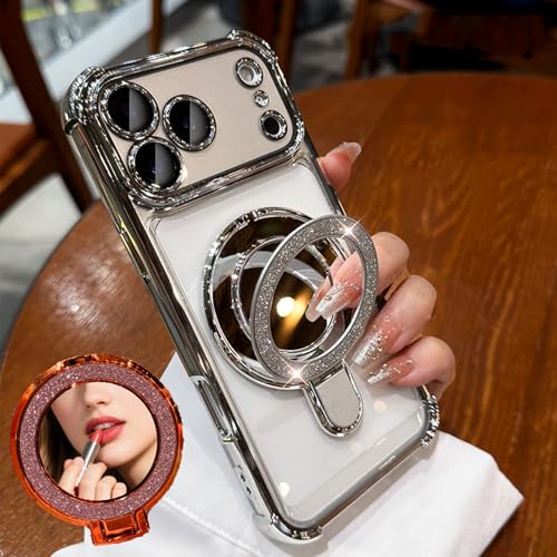 Magnetic Case for iPhone 17 Pro Max Clear with Shiny Invisible Kickstand Ring Holder Makeup Mirror Luxury Plating Soft TPU Four Corners Air Cushion Shockproof Protective Phone Cover 6.9", Silver - color: Silver, size: For iPhone 17 Pro Max 6.9"