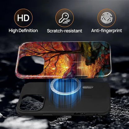 Magnetic Phone Case for iPhone 16 Pro,Compatible with MagSafe,Durable 2 Layers Full Covered Shockproof Protective Cover-Stained Glass Sunrise Fall Leaves - color: Stained Glass Sunrise Fall Leaves, size: iPhone 16 Pro