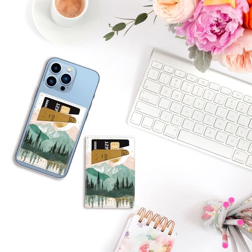 CREATCABIN Mountain Phone Card Holder Leather Cell Phone Wallet Stick on Adhesive Credit Card Holder Slim Double Pocket Sticker for Back of Phone Case Compatible with Most Phones 3.7 x 2.5 Inch - style: Mountain