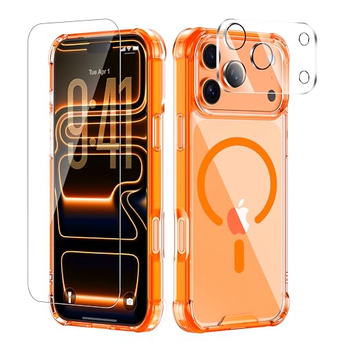 for iPhone 17 Pro Case with Tempered Glass Screen Protector & Lens Protector, Compatible with MagSafe, Military-Grade 4-Corner Shockproof, Magnetic & Anti-Yellowing Clear Orange Case - color: Clear Orange, size: iPhone 17 Pro