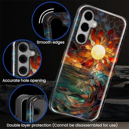Case for Samsung Galaxy S23 FE, 2 in 1 PC Hard Shell & Silicone Inner Bumper, AntiScratch Fullbody Cover Shockproof Slim Design Stained Glass Sun Waves - color: Stained Glass Sun Waves, size: Galaxy S23 FE