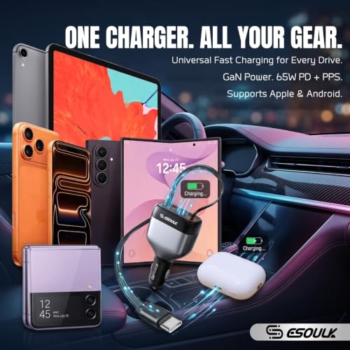 81W Retractable Car Charger, 45W USB-C Cable, 3-Port Fast Charger