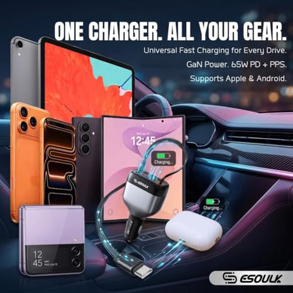 81W Retractable Car Charger, 45W USB-C Cable, 3-Port Fast Charger