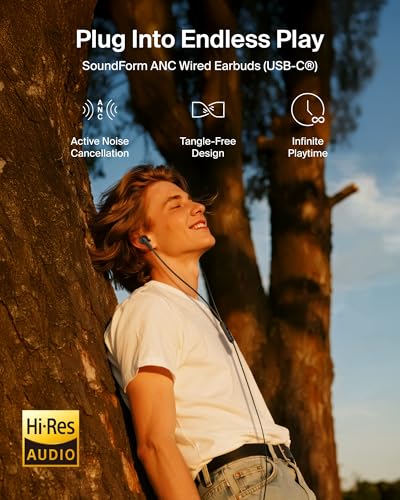 Belkin ANC Wired USB-C Earbuds, Hi-Res Audio, No Charging Needed - color: Black