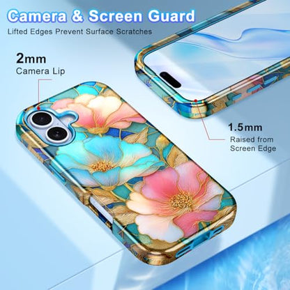 Btscase Compatible with iPhone 17 Case 6.3 Inch 2025,Marble Pattern 3 in 1 Heavy Duty Shockproof Full Body Rugged Hard PC+Soft Silicone Drop Protective Women Girl Phone Cases, Pink Cyan - color: Pink Cyan, size: iPhone 17