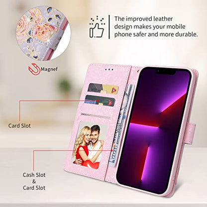 UEEBAI Wallet Case for Samsung Galaxy S22 5G, PU Leather Phone Case Kickstand RFID Blocking Flip Case Card Slots Wrist Strap Relief Engraved Pattern Magnetic Closure Flower Folio Case, Purple Rose - color: Purple Rose, size: Samsung Galaxy S22 5G