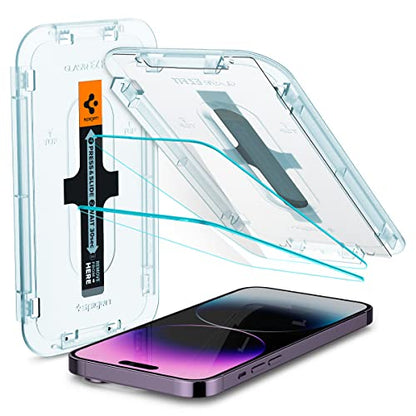Spigen GlasTR EZ FIT Screen Protector for iPhone 14 Pro Max | 9H+ Tempered glass, Scratch resistance, Auto-align tray, Lab-tested 100% clarity, Original touch, Case-friendly, 2 Pack - size: iPhone 14 Pro Max