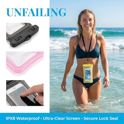 3 Pack Waterproof Phone Pouch Underwater Dry Bag Ultra-Clear Dual-Sided Touchscreen Case with Lock Seal for Swimming Snorkeling & Beach-Pink-Black-Yellow - color: Pink-Black-Yellow