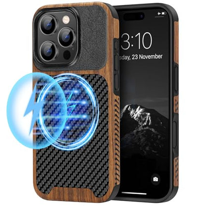 TENDLIN Magnetic Case Compatible with iPhone 16 Pro Phone Case Wood Grain with Carbon Fiber Texture Design Leather Hybrid Slim Case (Compatible with MagSafe) Black - color: Magnetic Black, size: iPhone 16 Pro