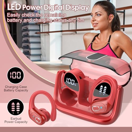 Wireless Earbuds 75H Bluetooth 5.4 Sport Headphones with Earhooks, Red - color: Red