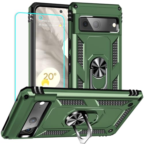 Yiakeng for Google Pixel 7 Case: with Screen Protector - Military Grade Protective Cases with Finger Ring Holder Kickstand for Pixel 7(Army Green) - color: Army Green, size: Google Pixel 7 Case
