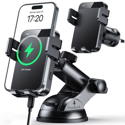 Wireless Car Charger 15W Auto Clamping Phone Holder Dash Windshield Vent - color: Gray