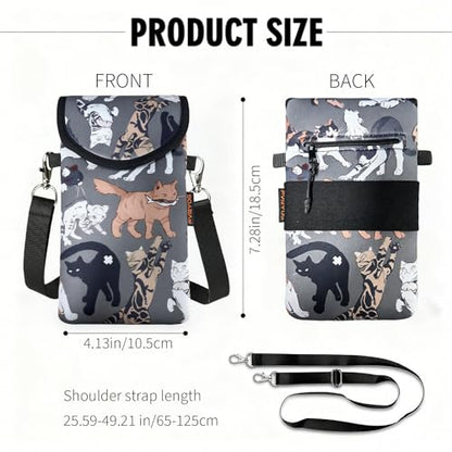Neoprene Phone Sleeve Pouch Case Bag for Men Women w/Crossbody Strap/Neck Lanyard for iPhone 17/16/15/14 Pro Max, Samsung S25，Pixel 10 - color: Gray-bottomed Cat