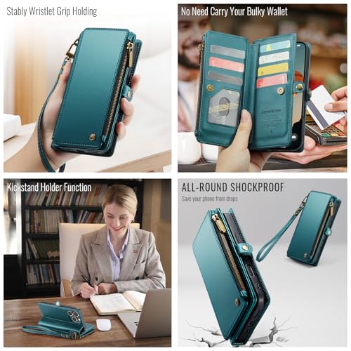 Defencase for iPhone 16 Pro Max Wallet Case with RFID Card Holder, Green | Durable Soft PU Leather, with Zipper Pocket, Wrist Strap, Fashion Snap Flip Phone Cases Cover with Stand for Women and Men - color: Blue Green