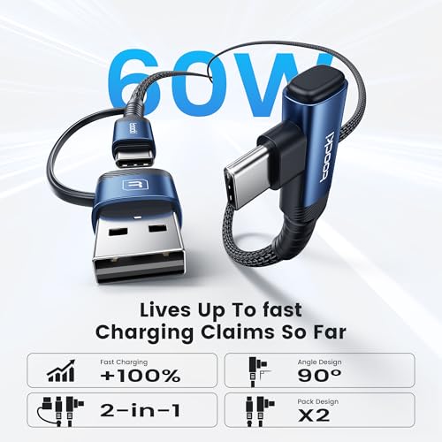 60W USB C Cable, Right Angle Type C Fast Charging Cable, 3.3FT 2-Pack - size: 3.3FT+3.3FT