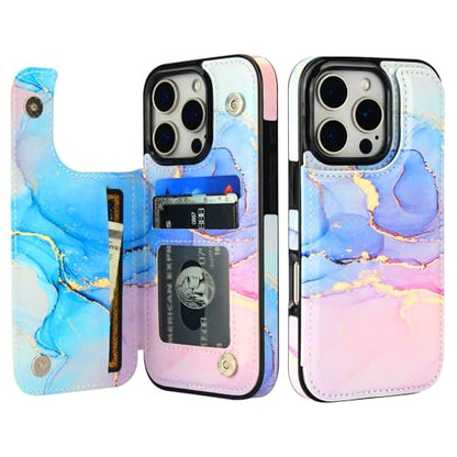 HAOPINSH for iPhone 16 Pro Wallet Case with Card Holder, Pink Blue Marble Pattern Back Flip Folio PU Leather Kickstand Card Slots Case for Women Girls, Double Magnetic Clasp Shockproof Cover 6.3" - color: Pink Blue Marble