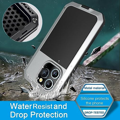 Compatiable with iPhone 15 Pro Case,360 Full Body Protective Cover Heavy Duty Shockproof Tough Armour Aluminum Alloy Metal Case with Silicone Built-in Screen Protector - Silver - color: Silver