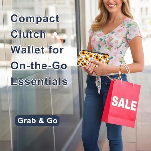 RFID Wallet with Phone Pocket for Women - Double Zipper Wristlet Purse Large Capacity, 17 Card Slots, Coin Pocket, Cow Sunflower - color: Cow Sunflower