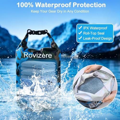 15L Waterproof Dry Bag, Camouflage Blue | Roll Top with Reflective Strip, Phone Pouch & Emergency Whistle, Backpack with Shoulder Strap, Lightweight Heavy Duty - color: Camouflage blue, size: 15L