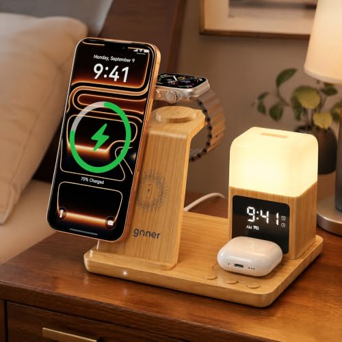 6 in 1 Wireless Charging Station with Clock & Night Light，Alarm Clocks for Bedrooms,Wireless Charger Stand with Beside Clock for iPhone 18/17/16/15/14/13/12 Pro Max, Apple Watch,Airpods (Wood) - color: Wood