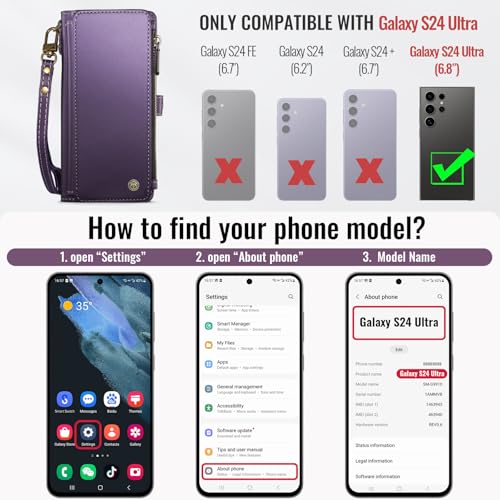 Defencase for Samsung Galaxy S24 Ultra Wallet Case with Card Holder, Purple | Durable PU Leather, with RFID Blocking Zipper Pocket, Wrist Strap, S24 Ultra Flip Phone Cases Cover with Stand for Women Men - color: Purple