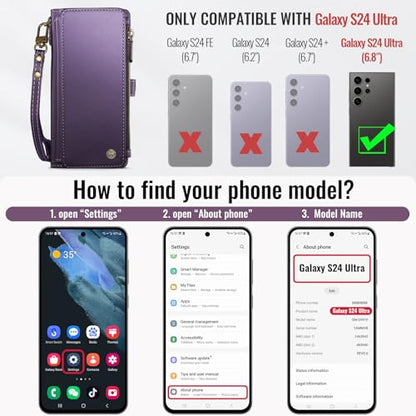 Defencase for Samsung Galaxy S24 Ultra Wallet Case with Card Holder, Purple | Durable PU Leather, with RFID Blocking Zipper Pocket, Wrist Strap, S24 Ultra Flip Phone Cases Cover with Stand for Women Men - color: Purple