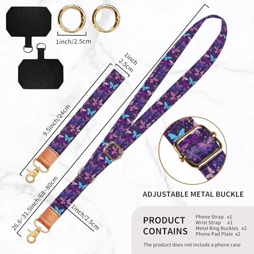 Phone Lanyard Crossbody Wrist Strap, Universal Adjustable Neck Strap for Phone Case Keys ID Badges, Travel Essential - color: Luxury Purple Butterfly