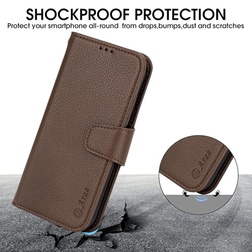 Arae Compatible with iPhone 15 Pro Max Case with Card Holder and Wrist Strap Wallet Flip Cover for iPhone 15 Pro Max 6.7 inch Men RFID Blocking, Wristlet, Kickstand,Litchi Brown - color: Litchi Brown, size: iPhone 15 Pro Max 6.7 inch