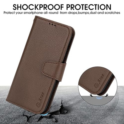 Arae Compatible with iPhone 15 Pro Max Case with Card Holder and Wrist Strap Wallet Flip Cover for iPhone 15 Pro Max 6.7 inch Men RFID Blocking, Wristlet, Kickstand,Litchi Brown - color: Litchi Brown, size: iPhone 15 Pro Max 6.7 inch