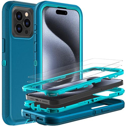 YKHJKLEC for iPhone 15 Pro Case, Military Grade 3 in 1 Heavy Duty Shockproof/Drop Proof/Dust Proof Case with 2Pcs Tempered Glass Screen Protector (Blue/Turquoise) - color: Blue/Turquoise