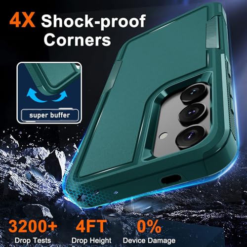 Case for Samsung Galaxy S24 FE, Full Body Heavy Duty Rugged Shockproof Protective Phone Cover with Lanyard Strap, Tempered Glass Screen Protector and Camera Lens Cover, Dark Green | Rugged Shockproof Protective Case,with Tempered Glass Screen Protector +
