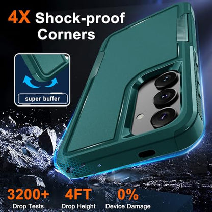 Case for Samsung Galaxy S24 FE, Full Body Heavy Duty Rugged Shockproof Protective Phone Cover with Lanyard Strap, Tempered Glass Screen Protector and Camera Lens Cover, Dark Green | Rugged Shockproof Protective Case,with Tempered Glass Screen Protector +