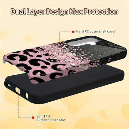 Pink Glitter Leopard Phone Case for Samsung Galaxy S25, Dual Layer Shockproof Rugged Cover with Soft TPU + Hard PC, Anti-Scratch Slim Fit Wireless Charging Compatible - color: Pink Glitter Leopard, size: 6.2" Galaxy S25