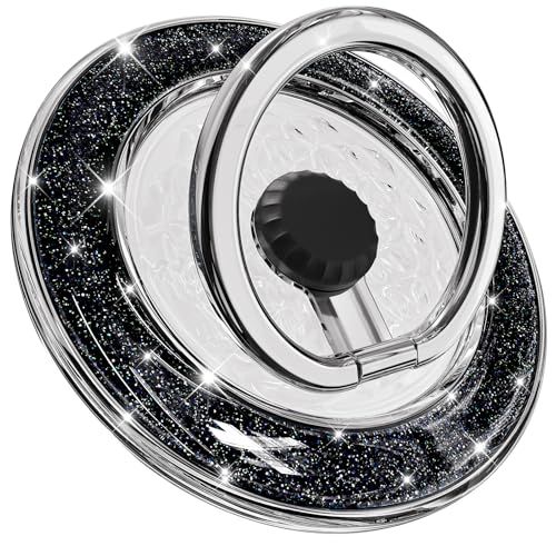 Magnetic Phone Ring Holder for MagSafe, Glitter Magnet Finger Ring Grip Stand Holder, 360° Rotation Fit for iPhone 17 16 15 14 13 12, Pro, Pro Max, Plus, Mag Safe Accessories, All Black - color: Black&Black