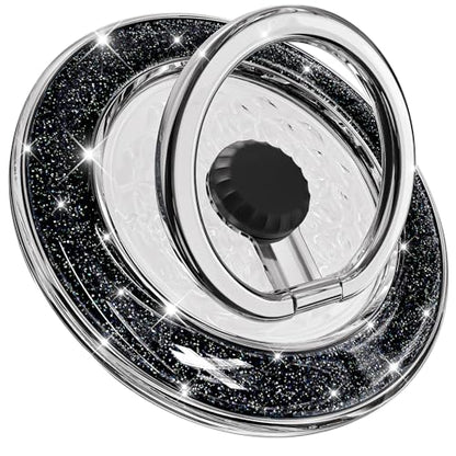 Magnetic Phone Ring Holder for MagSafe, Glitter Magnet Finger Ring Grip Stand Holder, 360° Rotation Fit for iPhone 17 16 15 14 13 12, Pro, Pro Max, Plus, Mag Safe Accessories, All Black - color: Black&Black