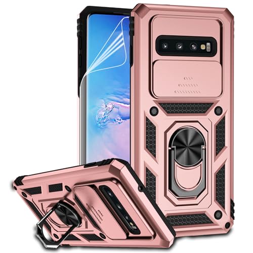 for Samsung Galaxy S10 Plus Case with Camera Lens Cover HD Screen Protector, Military-Grade Drop Tested Magnetic Ring Holder Kickstand Protective Phone Case for Samsung Galaxy S10+ Plus (Rose Gold) - color: Rose Gold with camera cover Military-Grade 2nd g