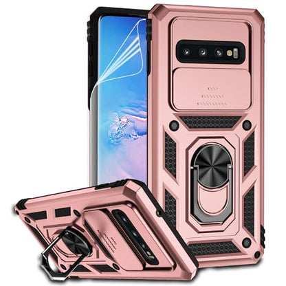 for Samsung Galaxy S10 Plus Case with Camera Lens Cover HD Screen Protector, Military-Grade Drop Tested Magnetic Ring Holder Kickstand Protective Phone Case for Samsung Galaxy S10+ Plus (Rose Gold) - color: Rose Gold with camera cover Military-Grade 2nd g