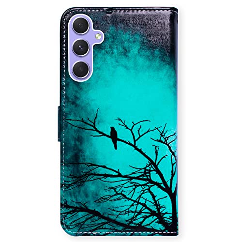 Bcov Case for Galaxy A54, Black Bird Green Leather Flip Phone Case Wallet Cover with Card Slot Holder Kickstand for Samsung Galaxy A54 5G - color: Black Bird Pattern
