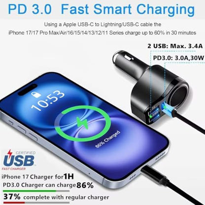 4 in 1 USB C Car Charger, 168W Multi USB Cigarette Lighter Adapter - color: PD3.0