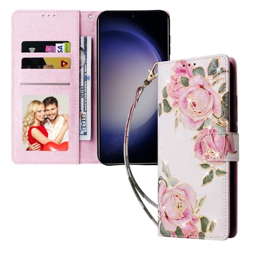 UEEBAI Wallet Case for Samsung Galaxy S23 Plus 5G, PU Leather Case Kickstand RFID Blocking Flip Case Card Slots Wrist Strap Relief Engraved Pattern Magnetic Closure Flower Folio Case, White Rose - color: White Rose, size: Samsung Galaxy S23 Plus 5G