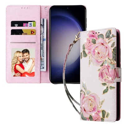 UEEBAI Wallet Case for Samsung Galaxy S23 Plus 5G, PU Leather Case Kickstand RFID Blocking Flip Case Card Slots Wrist Strap Relief Engraved Pattern Magnetic Closure Flower Folio Case, White Rose - color: White Rose, size: Samsung Galaxy S23 Plus 5G