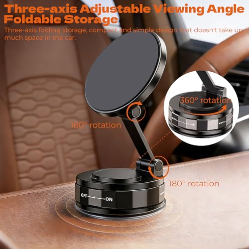 Magnetic Phone Holder for Car 2.01 Inch, Super Strong Vacuum Suction Cup, 360° Rotation Magsafe Car Mount for Dashboard Windshield, Foldable Aluminum Car Accessories for iPhone Samsung