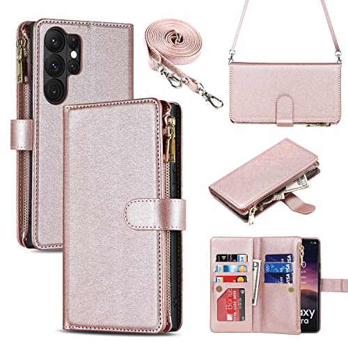 iCoverCase for Samsung Galaxy S23 Ultra Wallet Case with Card Holder, Kickstand Feature PU Leather Case with Adjustable Crossbody Lanyard Magnetic Clasp Zipper Pocket Flip Cover (Rose Gold) - color: Rose Gold, size: Galaxy S23 Ultra