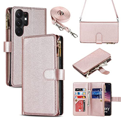iCoverCase for Samsung Galaxy S23 Ultra Wallet Case with Card Holder, Kickstand Feature PU Leather Case with Adjustable Crossbody Lanyard Magnetic Clasp Zipper Pocket Flip Cover (Rose Gold) - color: Rose Gold, size: Galaxy S23 Ultra