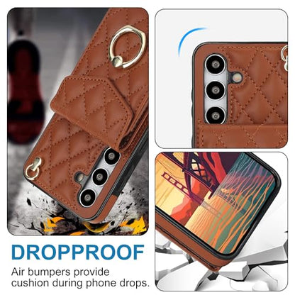 Phone Case for Samsung Galaxy S24 5G Wallet Cover with Tempered Glass Screen Protector Crossbody Wrist Strap Ring Stand RFID Blocking Credit Card Holder Cell S 24 24S G5 SM-S921U Women Men Girls Brown - color: Brown