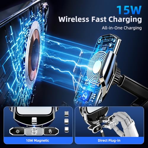 Car Phone Holder,Car Mount Charger,15W Wireless Charging & 10W Magnetic Charging(3 Connectors),Auto-Clamping Hands Free,Suction Cup Mount for Windshield,Mirror & Screen,Car Accessories & Gift - size: Universal | 3in1 Charging