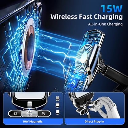 Car Phone Holder,Car Mount Charger,15W Wireless Charging & 10W Magnetic Charging(3 Connectors),Auto-Clamping Hands Free,Suction Cup Mount for Windshield,Mirror & Screen,Car Accessories & Gift - size: Universal | 3in1 Charging