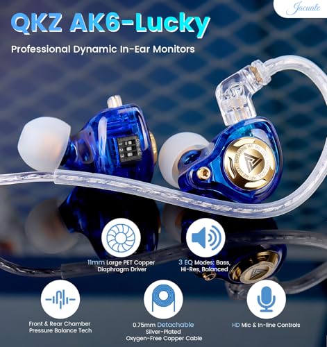 Wired Gaming Earbuds with Mic, 11mm Dynamic Driver HiFi in Ear Monitors, 3-Way Adjustable Tuning Switch Detachable Cable IEM Earphones, Deep Bass Noise Isolating Headphones for Musician Game PC Laptop - color: Blue