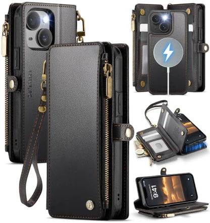 Defencase for iPhone 15 Phone Case Wallet Compatible with Magsafe, Black - color: (Detachable with Magsafe)-Black