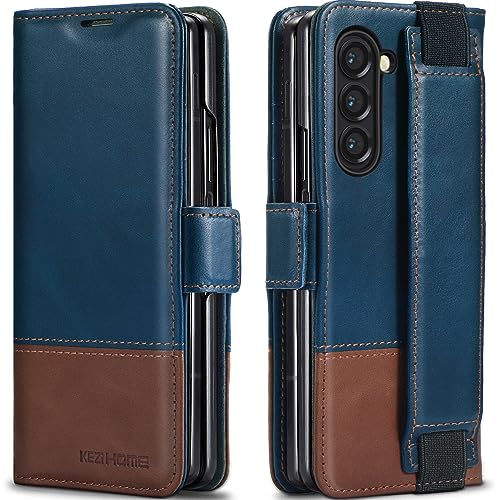 KEZiHOME Genuine Leather Wallet Case for Samsung Galaxy Z Fold 6 - color: Royal Blue Brown, size: Galaxy Z Fold 6 Case